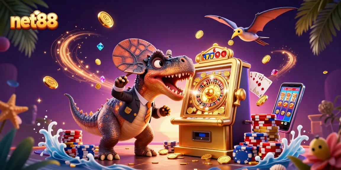net88 casino characters celebrate a jackpot with cascading coins and vibrant game elements