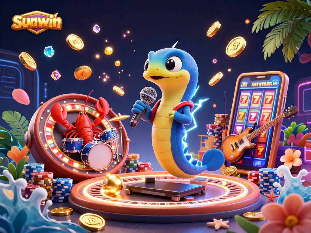Sunwin showcases a vibrant underwater scene with an electric eel DJ and casino elements.