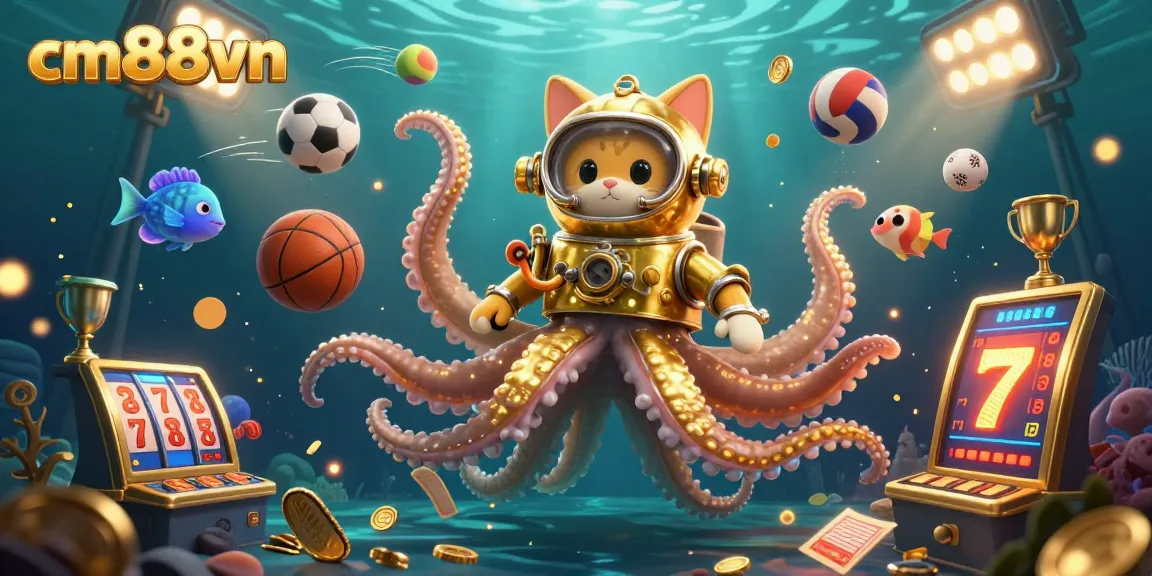 Experience the excitement of cm88vn as a kraken emerges alongside a diving cat, enhanced with casino elements.