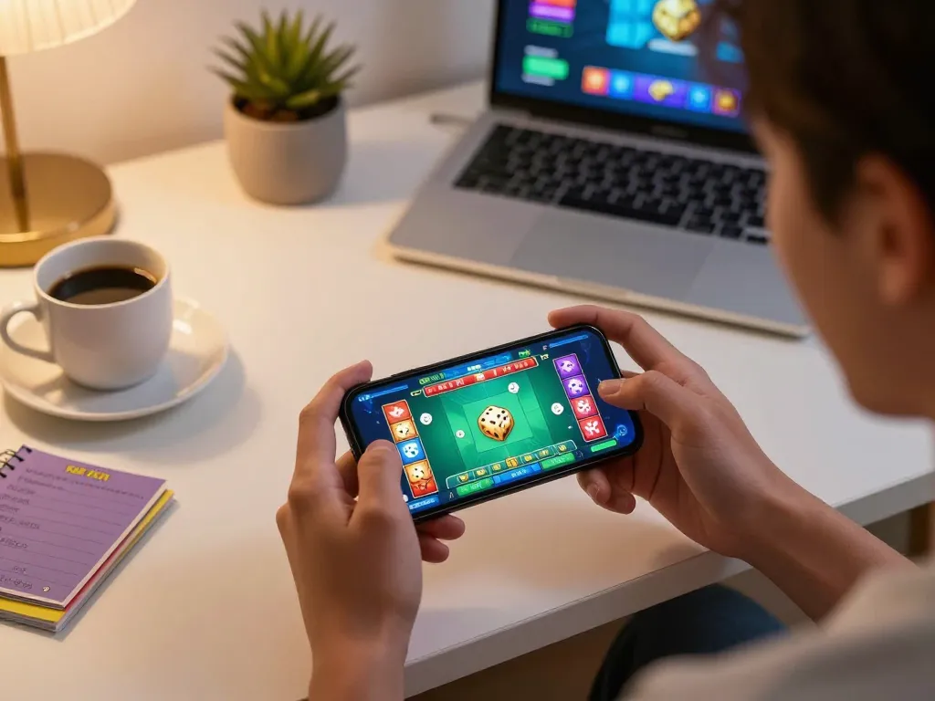 Play app tài xỉu on smartphone while enjoying a cozy home gaming setup.