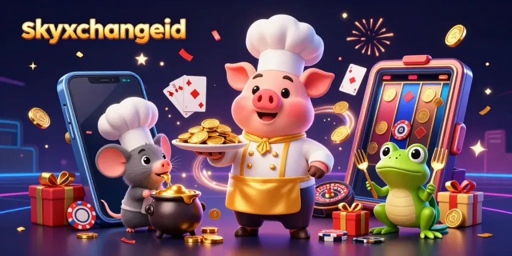 Skyxchangeid offers a rich casino gaming experience with animated characters showcasing gold coins and games.