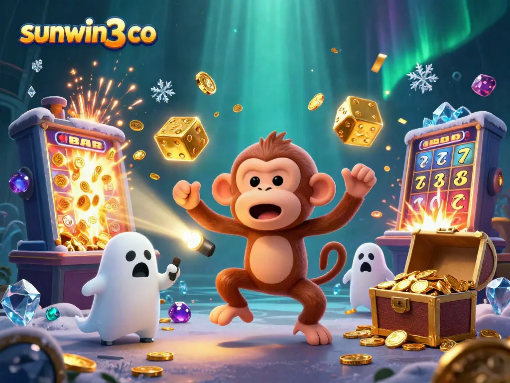 Experience the excitement of sunwin3 co with a playful poltergeist monkey juggling coins and a curious puppy in a vibrant casino.