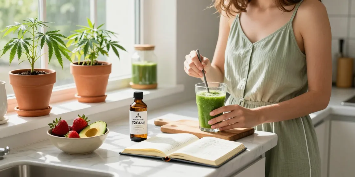 Ministry of Cannabis CBD oil on a wellness kitchen counter surrounded by fresh ingredients and a wellness journal.