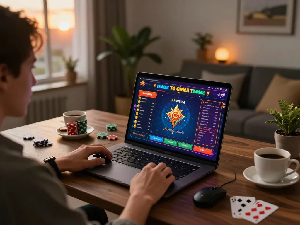 A person engaged in game bài đổi thưởng at home using a laptop, demonstrating vibrant online gaming excitement.