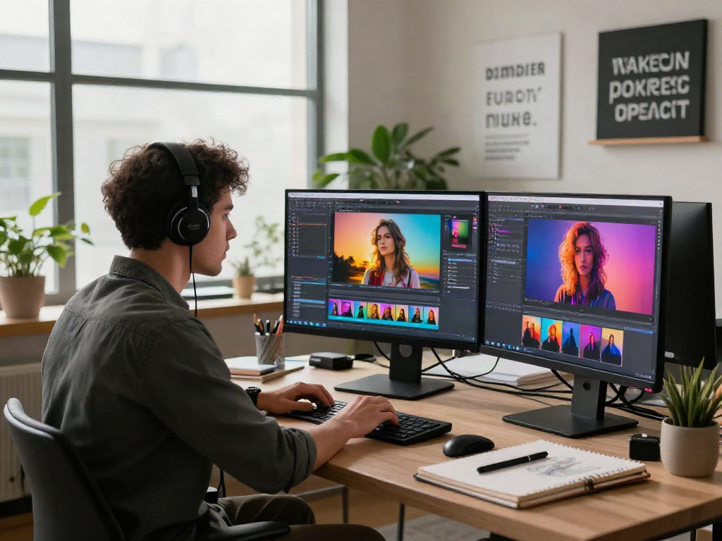 Designer using an ai photo editor in a creative workspace with vibrant visuals.