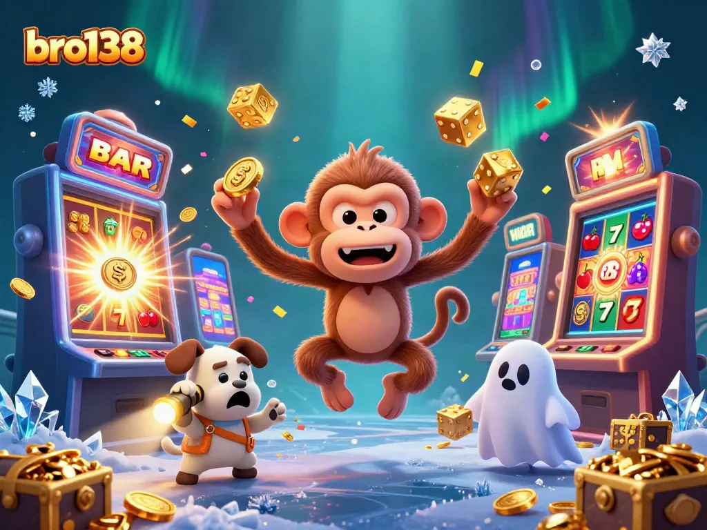 Engage with bro138's vibrant casino world while a playful ghost-hunter puppy tracks a mischievous monkey.