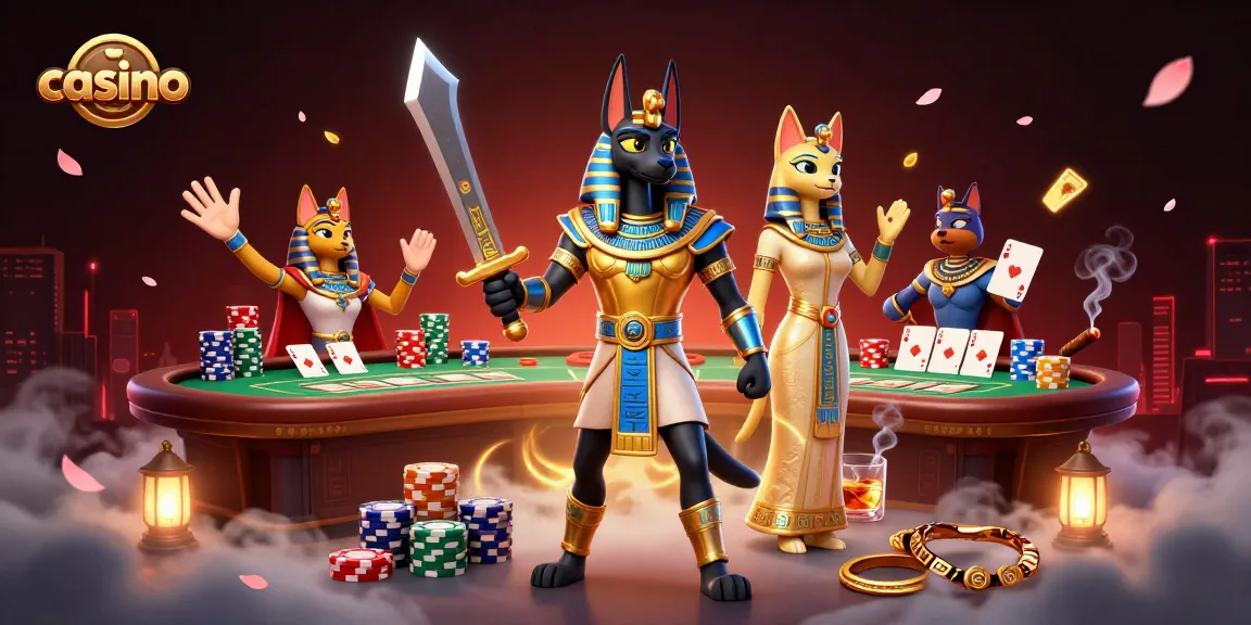 Experience the thrill of a vibrant casino scene with Anubis and Bastet showcasing poker action.