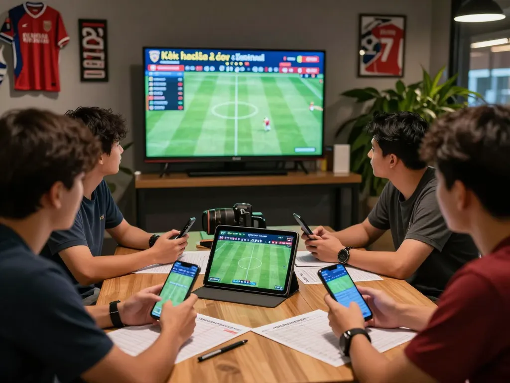 Kèo nhà cái betting scene in a vibrant sports lounge with live match stats and engaged fans.