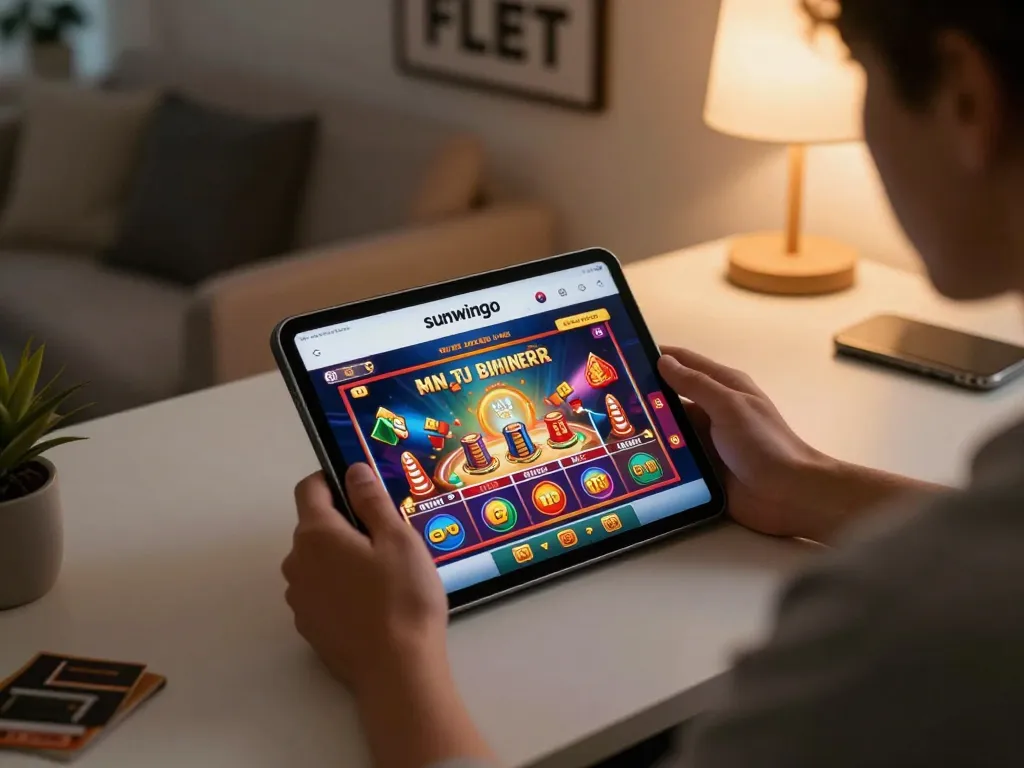 Engaging moment of a player using the sunwingo app on a tablet for online gambling activity