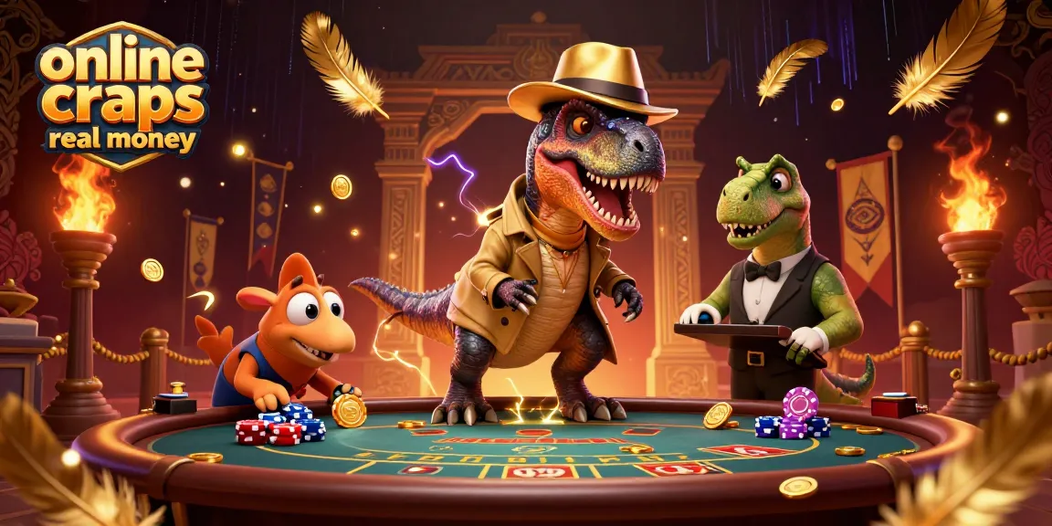 Play online craps for real money with animated dinosaurs in a lively casino setting.