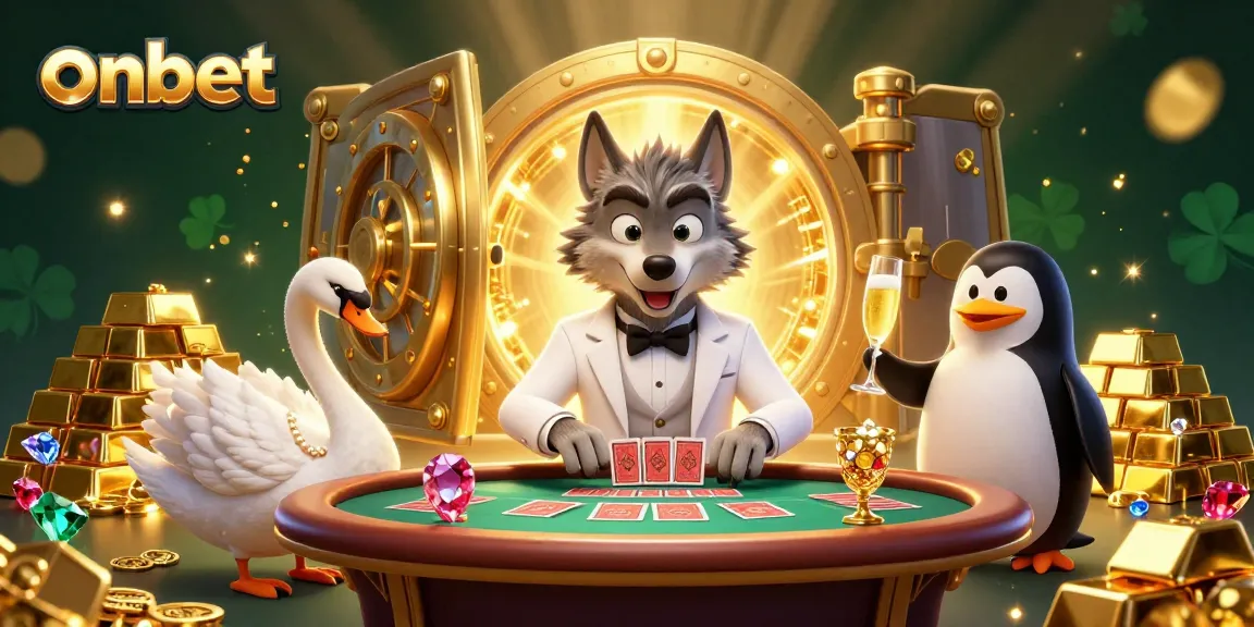 Experience the thrill of onbet with vibrant casino action featuring a debonair wolf and elegant characters.