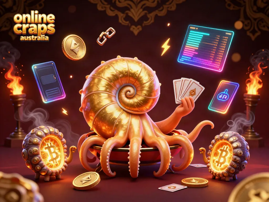 Engage with online craps Australia in a vibrant and dynamic 3D casino scene featuring a giant nautilus and glowing currencies.