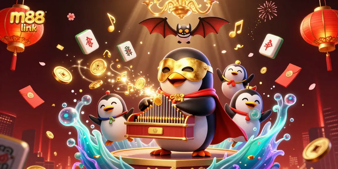 Engage with the thrilling m88 link as a phantom penguin plays a pipe organ in this vibrant casino scene.