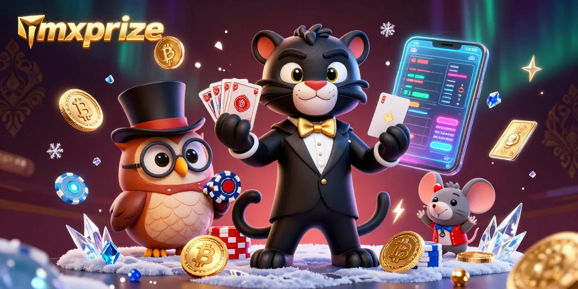 Experience exciting gaming adventures with mxprize featuring a stylish blackjack dealer, poker elements, and vibrant crypto icons.