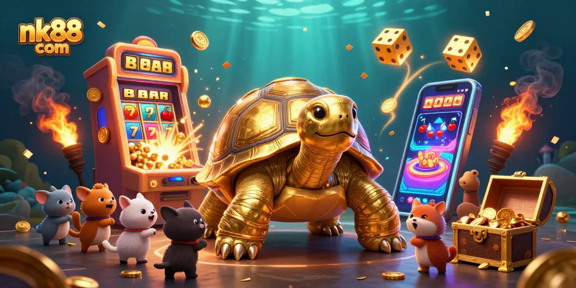 Experience exciting game play at nk88 com with a golden tortoise in a pinball machine and vibrant casino elements.