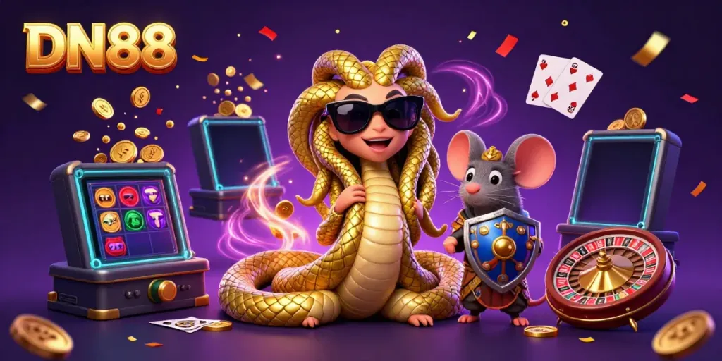 Engage with thrilling casino games on DN88, illustrated with Medusa, a warrior mouse, and slot game excitement.