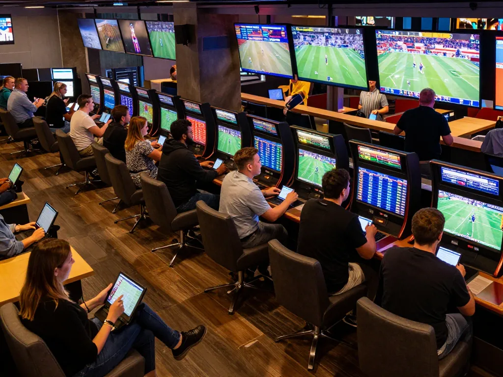 RR88 patrons actively placing bets in a modern sports betting lounge with live event screens.