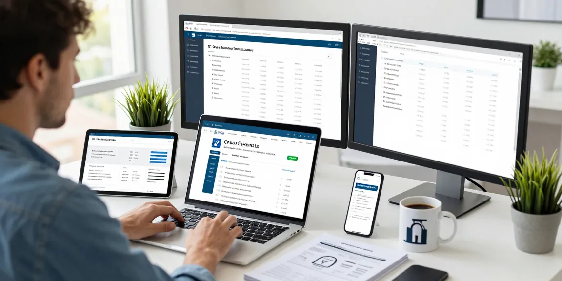 Reviewing a cyber essentials quote in a professional cybersecurity workspace with multiple devices.