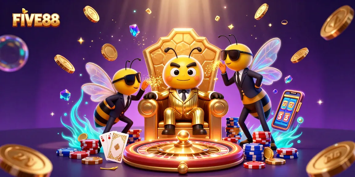 Experience FIVE88’s dynamic casino excitement with a cartoon mob boss and gambling elements