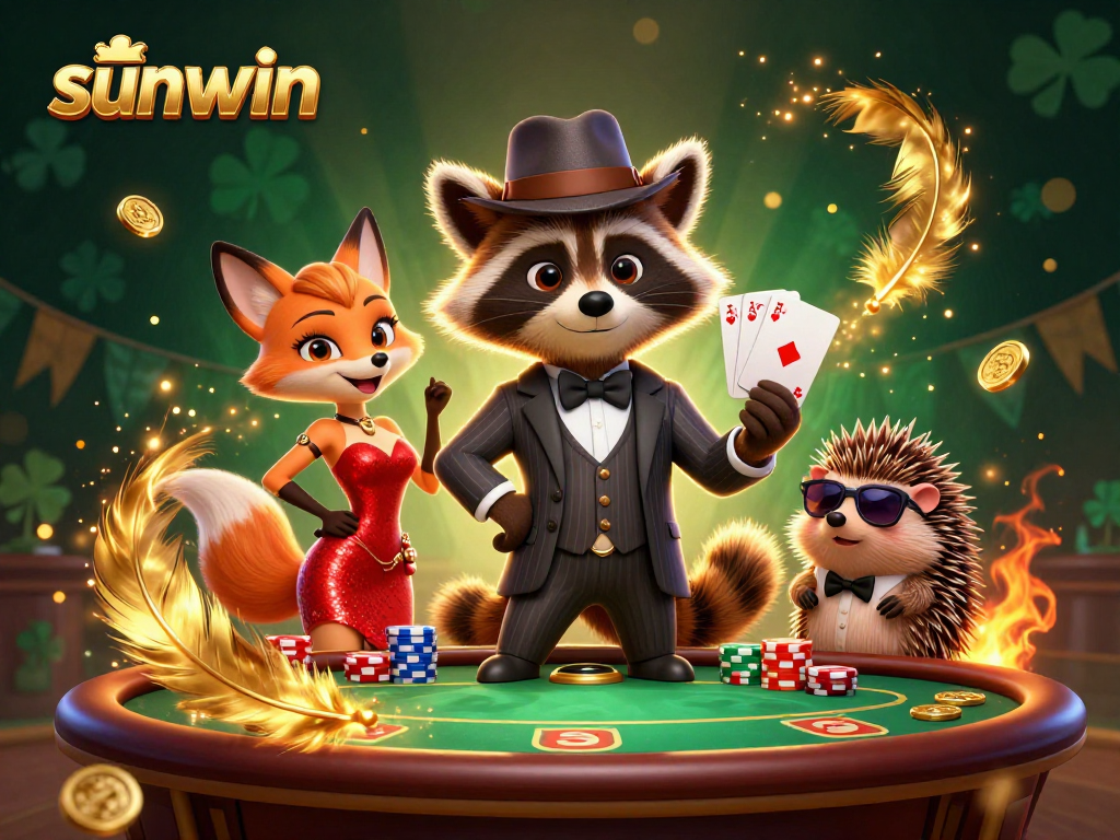 Experience thrilling poker action with sunwin as raccoon, fox, and hedgehog characters celebrate a royal flush.