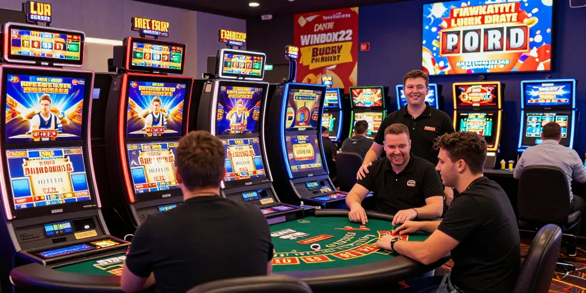 Winbox22 online casino gaming scene with players at slots and live tables, vibrant atmosphere.