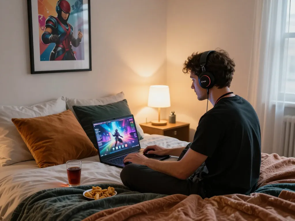 Cozy bedroom gaming setup featuring vibrant xxx games on a laptop amidst warm decor and inviting atmosphere.