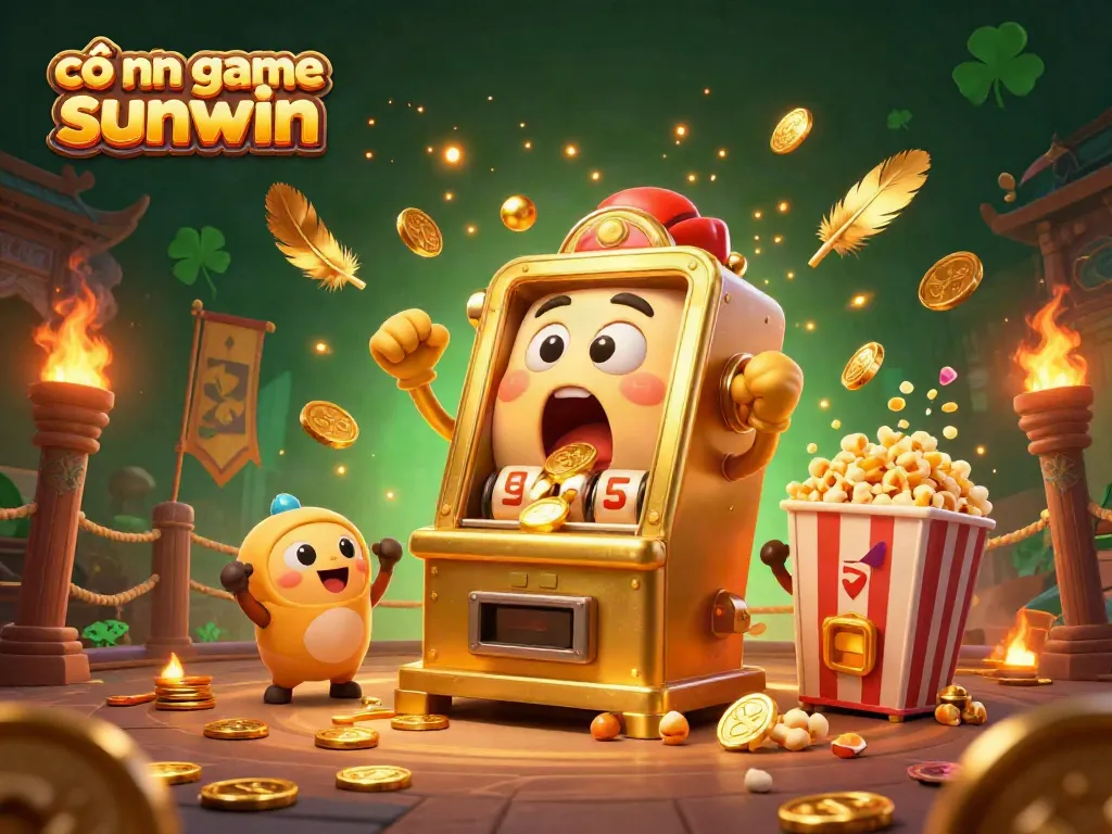 This artwork showcases cổng game sunwin with a golden slot machine winning coins again, embodying excitement and richness in a dynamic casino scene.