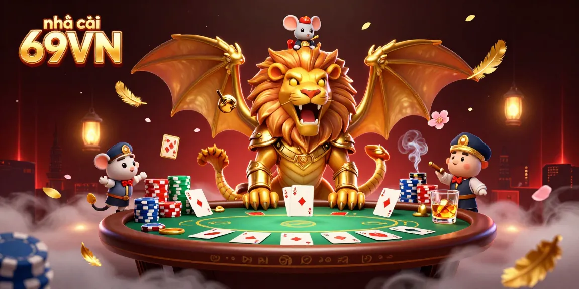 Play exciting games at nhà cái 69VN, featuring dynamic poker scenes and vibrant casino elements.