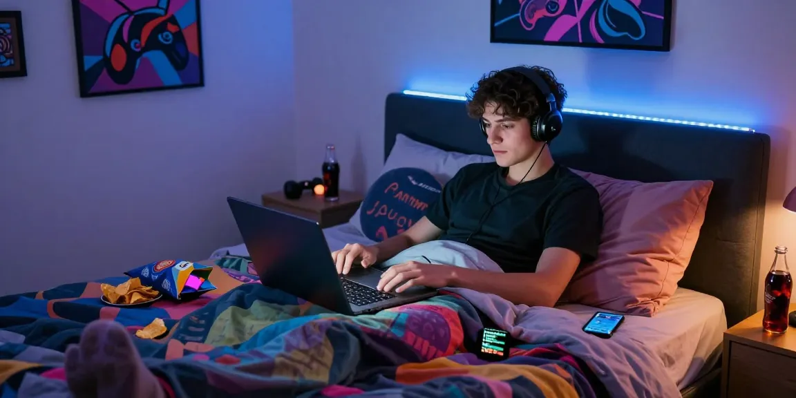 Person playing html sex games on laptop in cozy bedroom with snacks and ambient lighting.