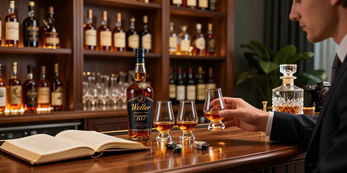 Enjoying Weller Antique 107 Bourbon in a luxurious home bar setting.