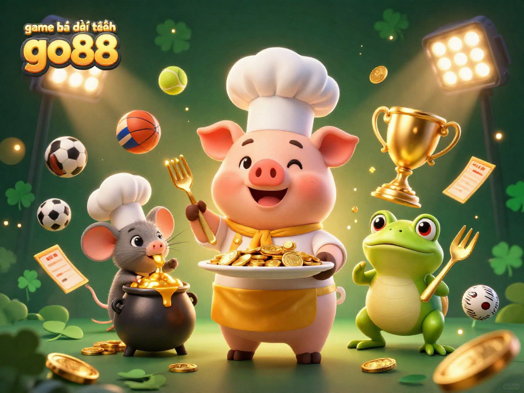 Engage with the exciting game bài đổi thưởng go88 as the cartoon pig chef serves golden coins surrounded by playful sports elements.