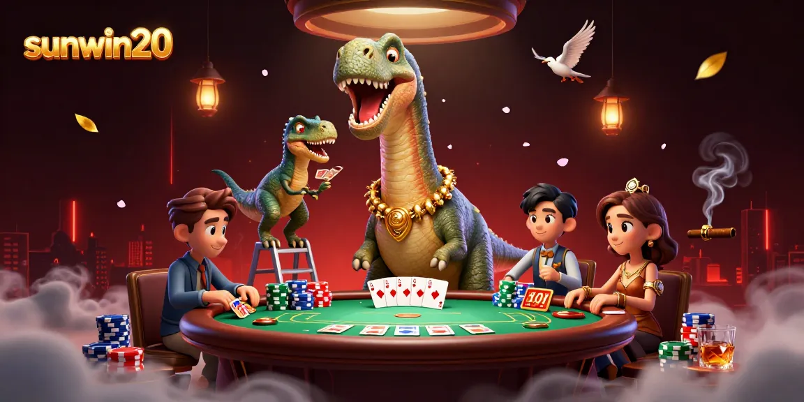 Engage in thrilling poker action with sunwin20's oversized brontosaurus overseeing the game.