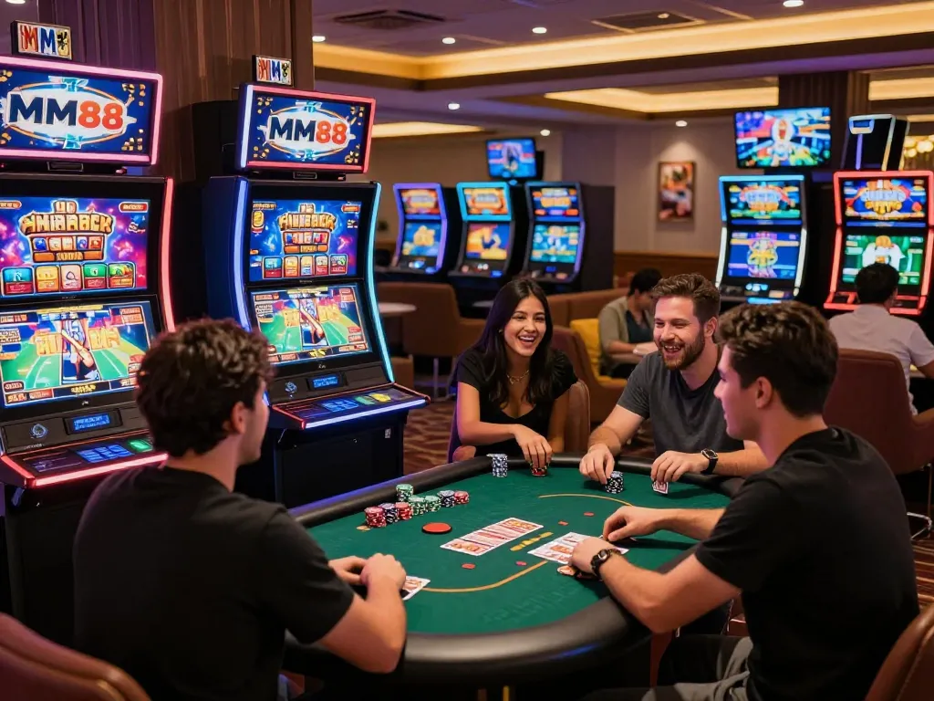 Engaging MM88 online casino scene with friends enjoying interactive games and vibrant atmosphere.
