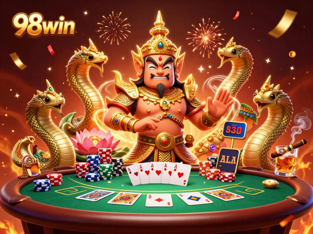 Experience the thrill of poker with the vibrant 98win guardian and Naga companions celebrating wins.