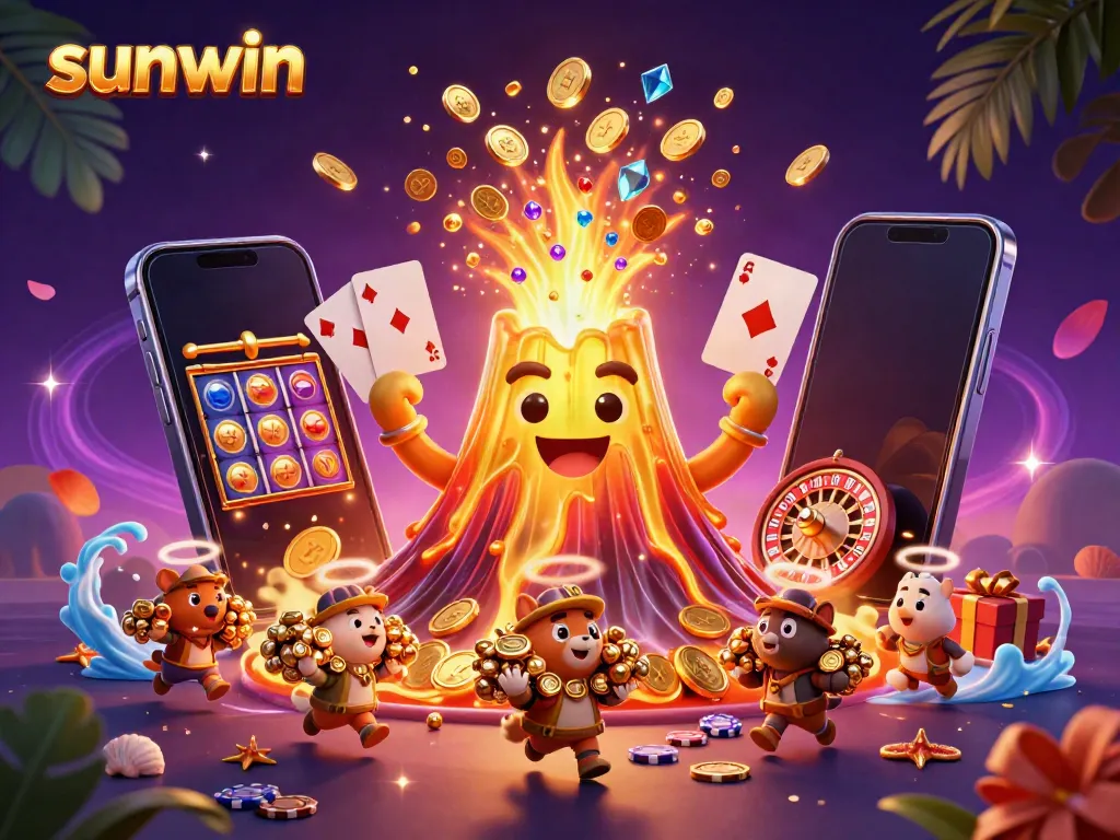 Experience thrilling wins with sunwin's vibrant casino scene featuring a golden volcano and treasure elements.