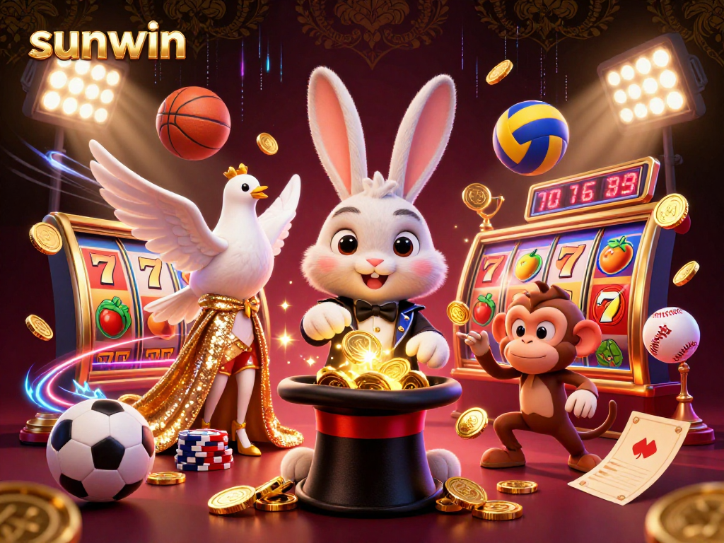 Engage with the magic of sunwin as a cartoon rabbit conjures coins amidst vibrant casino elements and dynamic sports action.