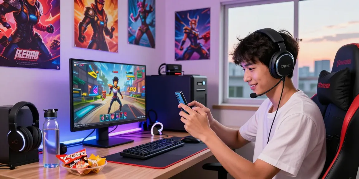 Gamer na naglalaro ng bagong laro sa bd188 platform na may makulay na dekorasyon at modernong kagamitan.