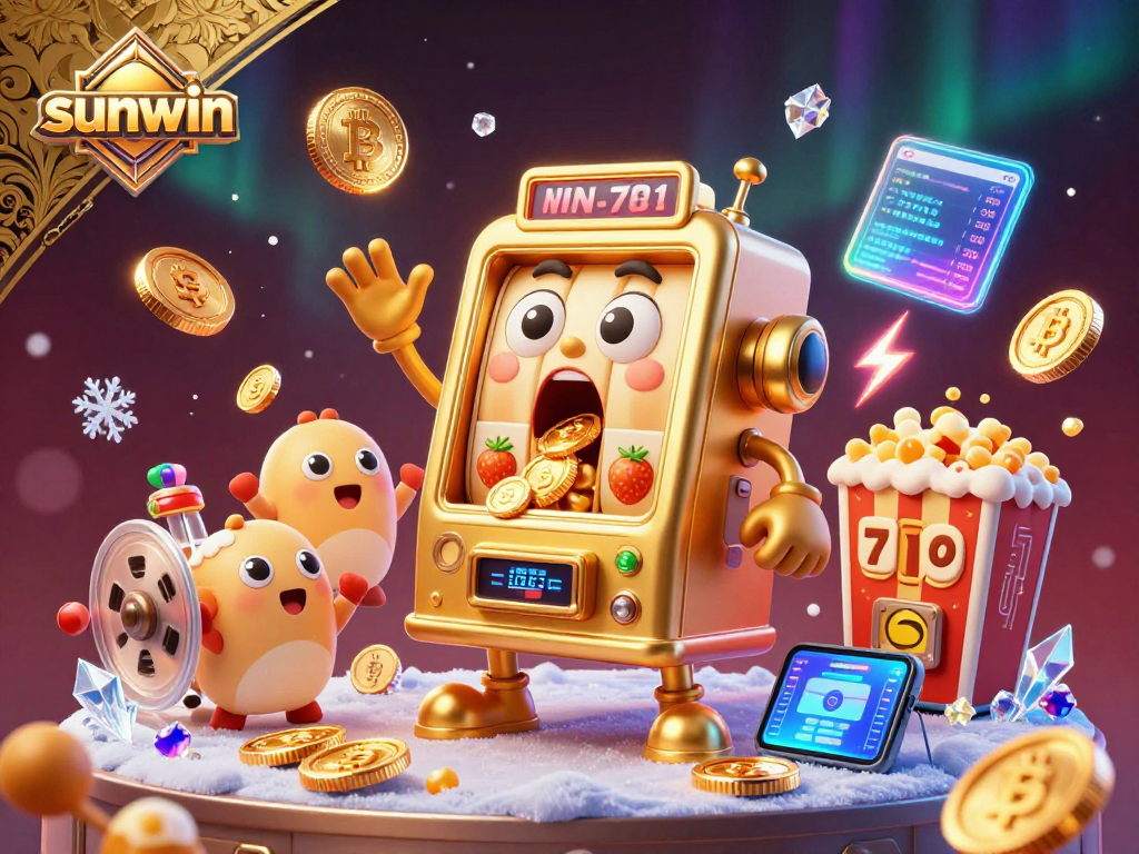 Sunwin slot machine hits the jackpot, showering coins, surrounded by vibrant crypto elements.
