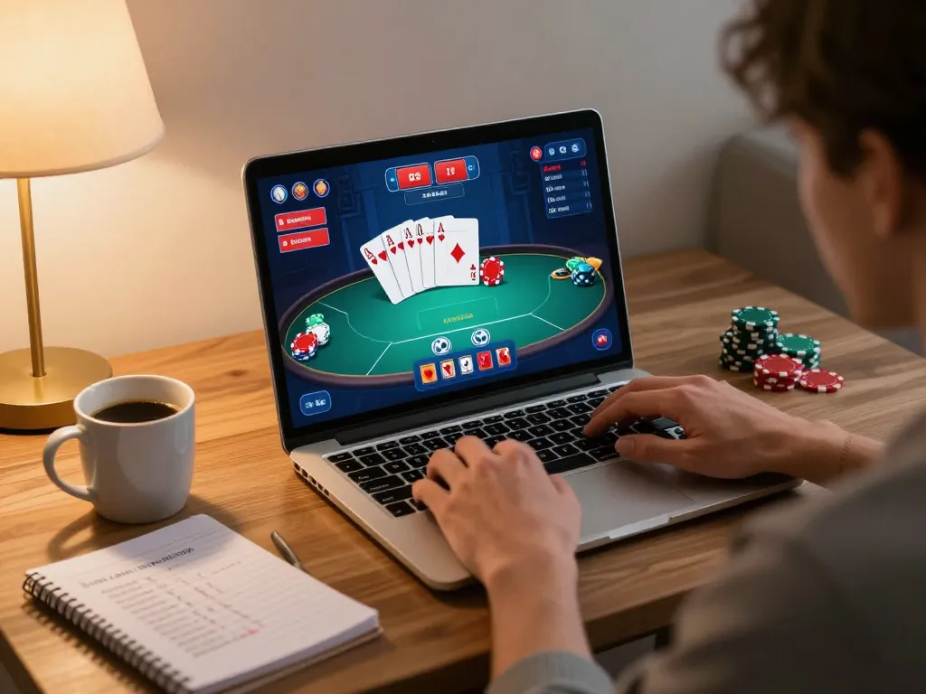 Player engrossed in RR88 online poker game on laptop, detailed cards and chips visible, showcasing responsible gaming