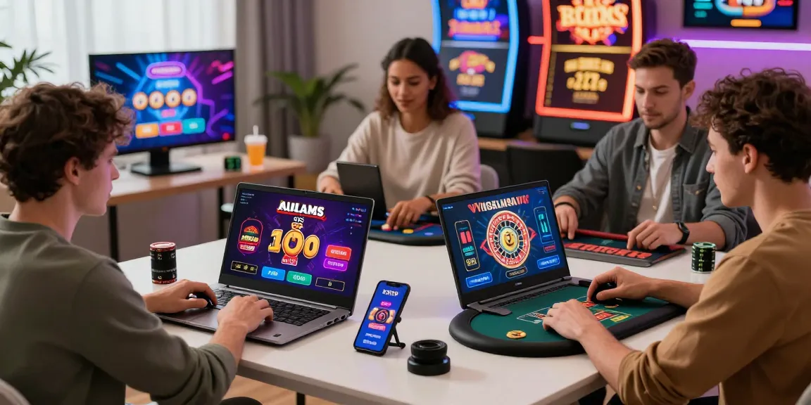 Giocatori che si divertono con giochi diversi sui siti di casino non AAMS in un vivace setup di gioco domestico con luci al neon e tecnologia moderna.