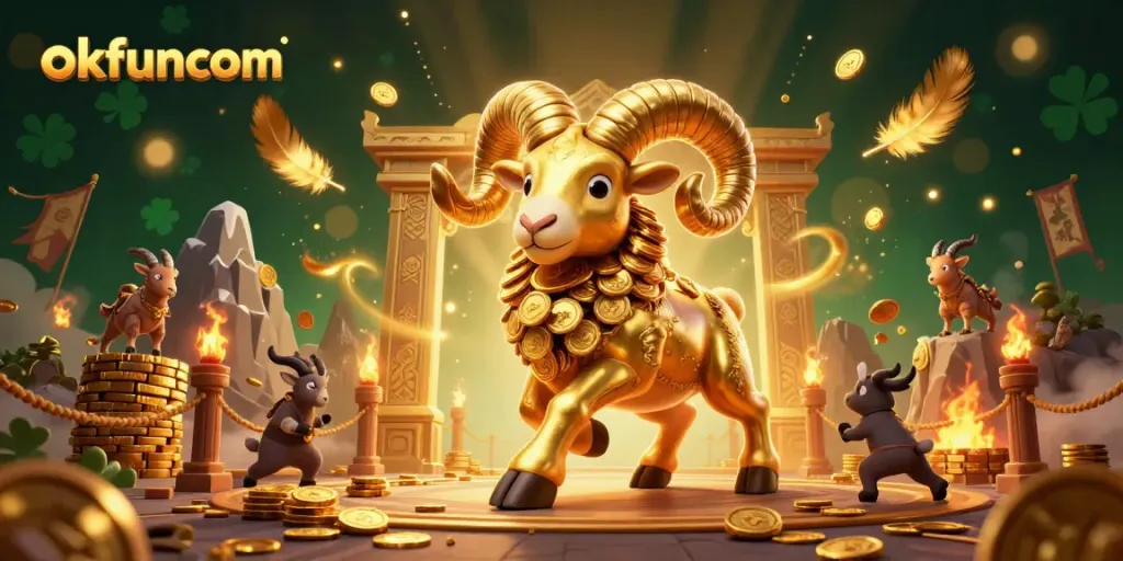 Experience thrilling gameplay at okfuncom with a dynamic scene featuring a charging golden ram and cheering spectators in a vibrant casino-themed arena.