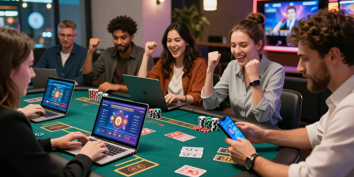Spieler feiern Gewinne in einem Paysafe Card Casino mit lebendiger Spielatmosphäre und modernem Dekor.
