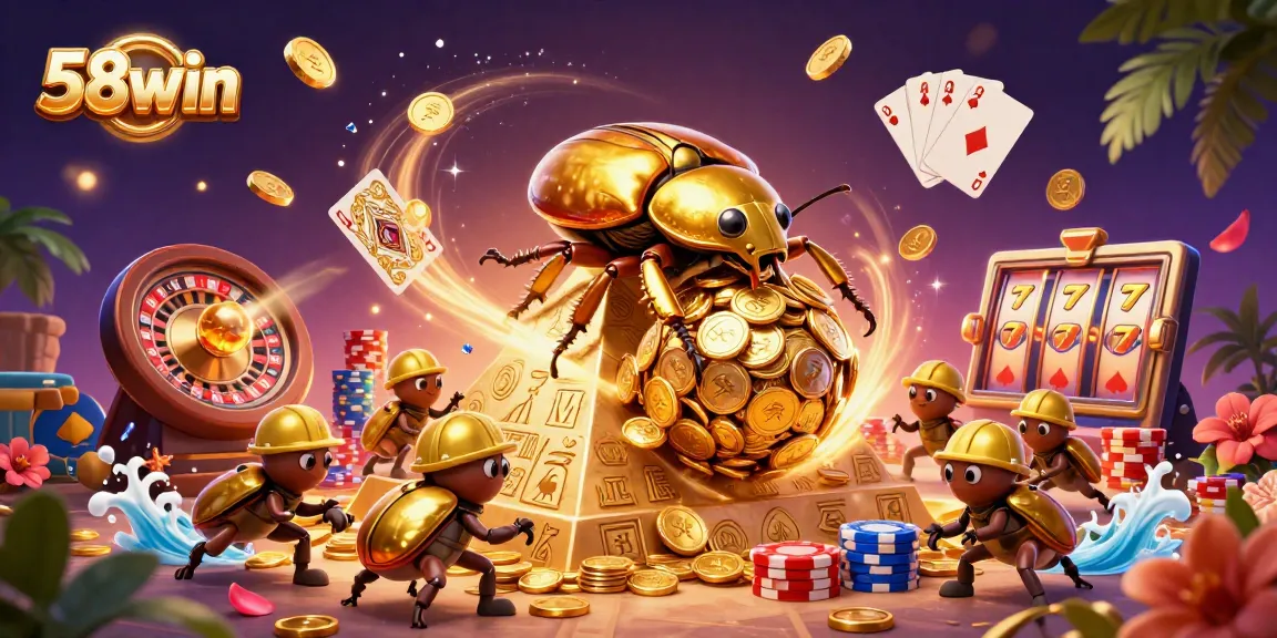 Experience excitement at 58win with dynamic casino elements featuring golden treasure and gaming icons.