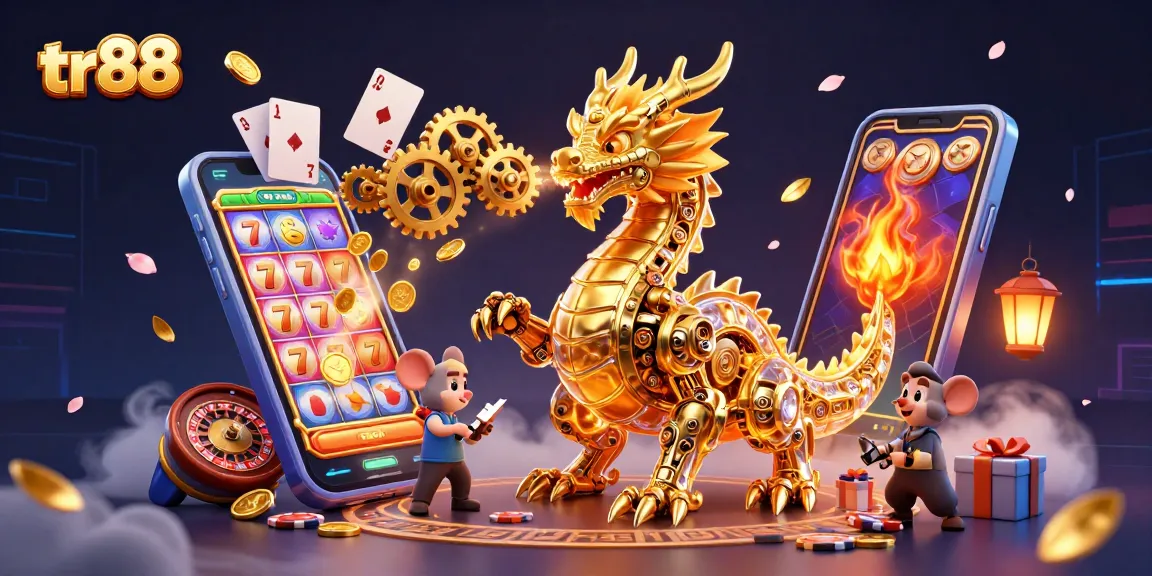 Engage with the thrilling world of TR88, featuring slot games, golden coins, and exciting casino elements.