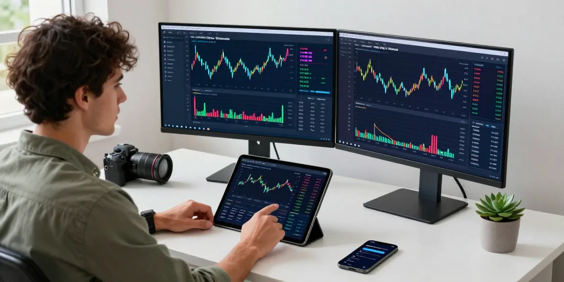 libertyswap user engaging in cross-chain trading in a modern workspace with cryptocurrency data on screens.