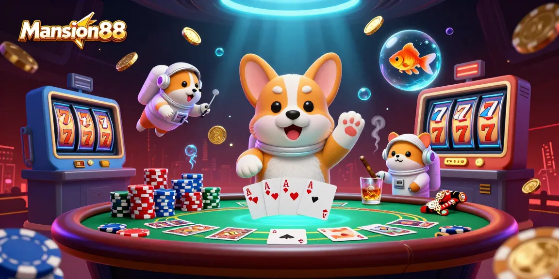 Mansion88 presents an energetic space casino scene with a cartoon astronaut corgi and slot machines among drifting poker chips.