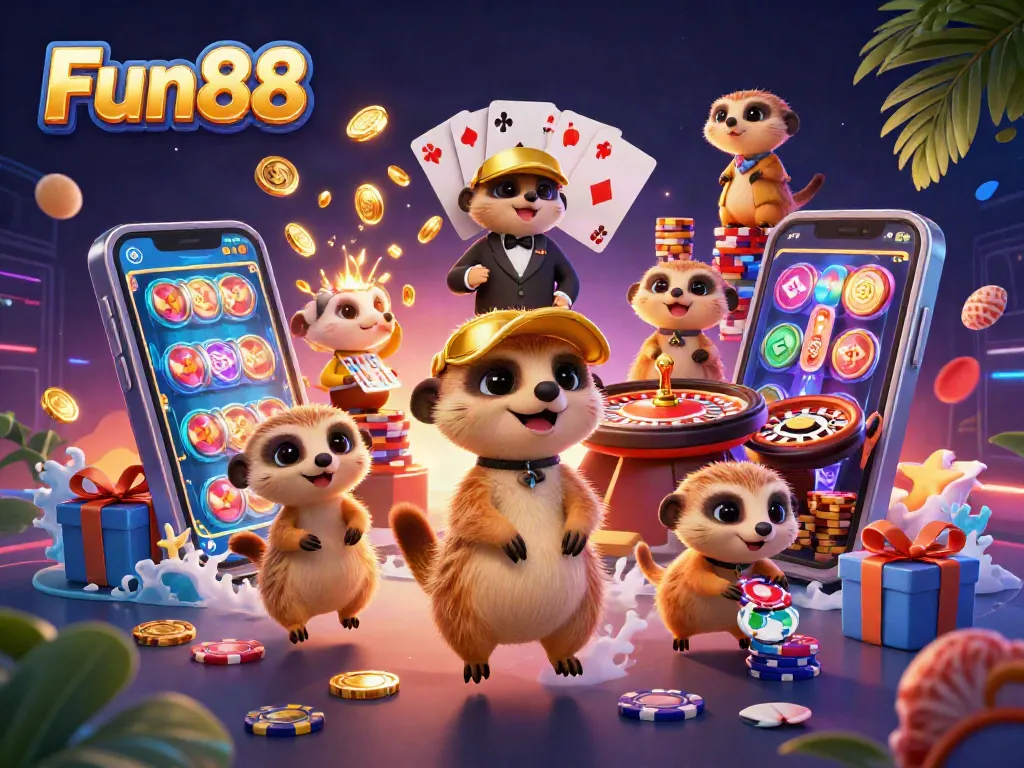 Experience Fun88's engaging casino world with animated meerkats in a vibrant gaming scene.