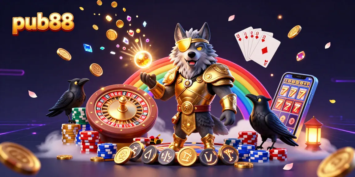 Experience the thrill of pub88 with a lively 3D illustration showcasing a Norse wolf and casino elements.