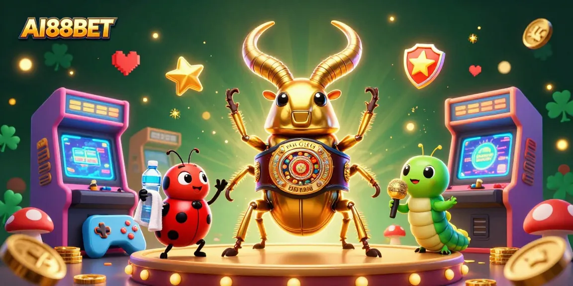 Engage in thrilling gaming with AI88BET's vibrant and dynamic casino illustration showcasing a golden stag beetle champion.