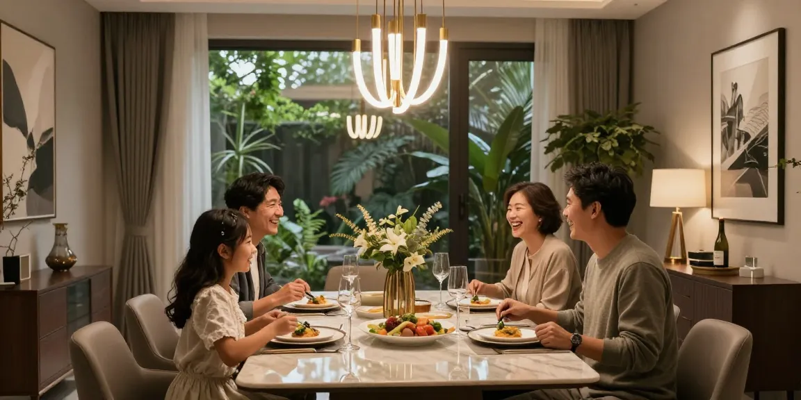 Candelabre LED moderne în dining elegant, atmosferă caldă și confortabilă.